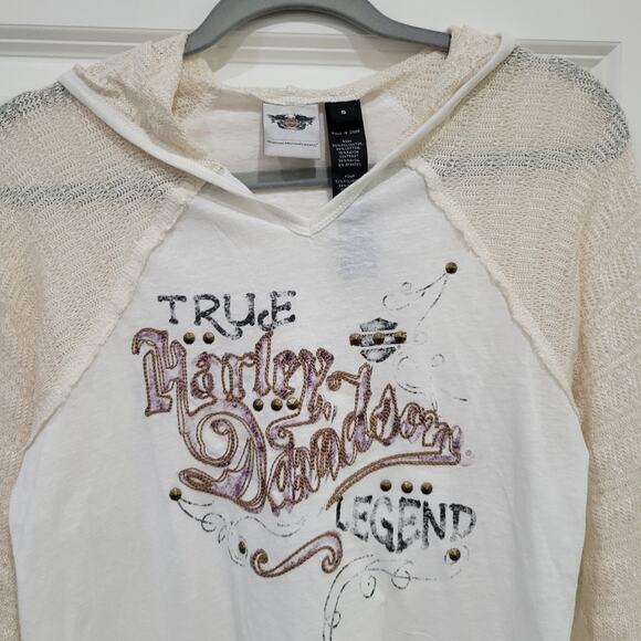 Harley Davidson Lace Sleeve Pullover Henley Long Sleeve Hooded Top Women Sz S - Picture 4 of 7